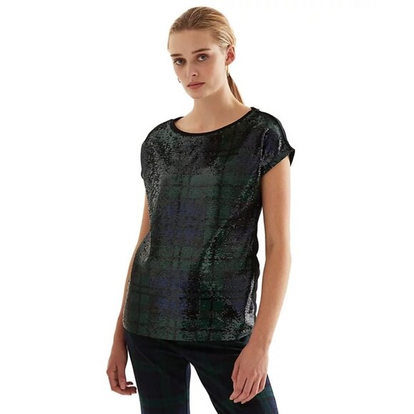Lauren Ralph Lauren Sequined Plaid Top Multi Womens Size XXS Holiday Old Money - Picture 2 of 9